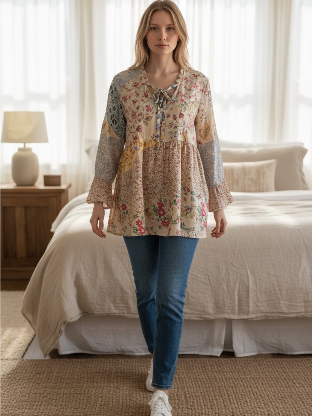 Paani Boho Floral Multi Pattern Blouse Size Small 3/4 Sleeve NWOT